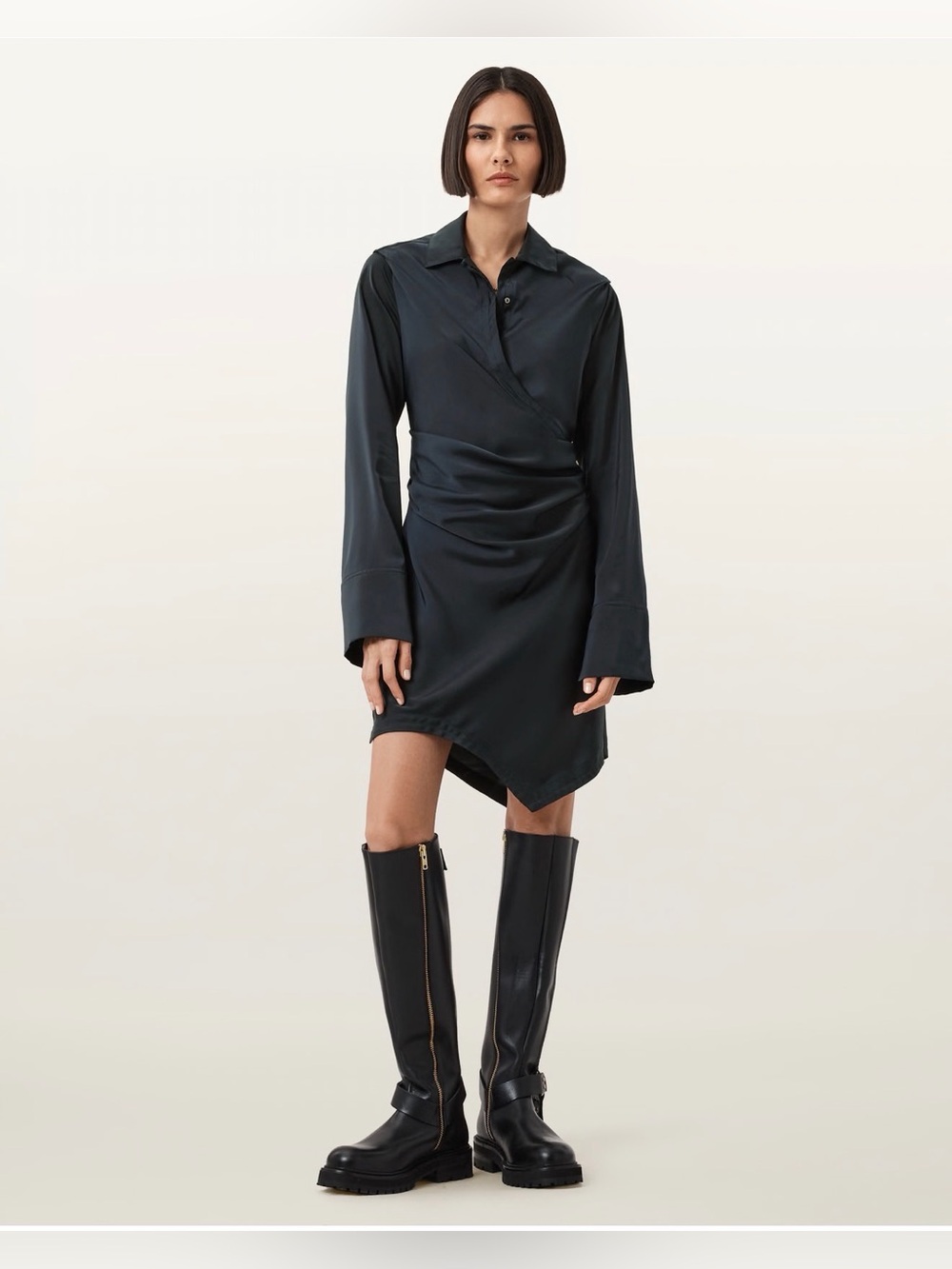 AllSaints Tira Satin Mini Dress Black Draped Shirt Dress Size US 10